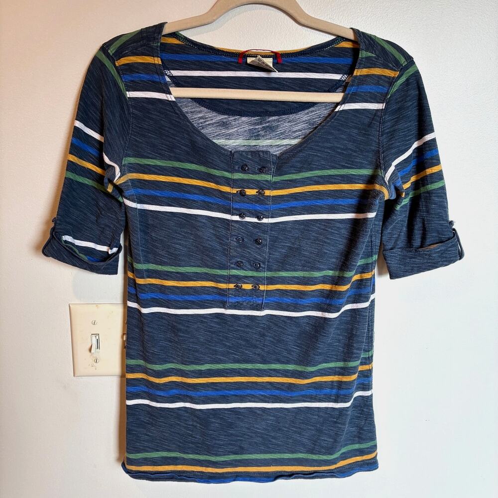 Unionbay Y2K Navy Multicolor Striped Henley Size L Roll Tab Skater Indie Sleaze